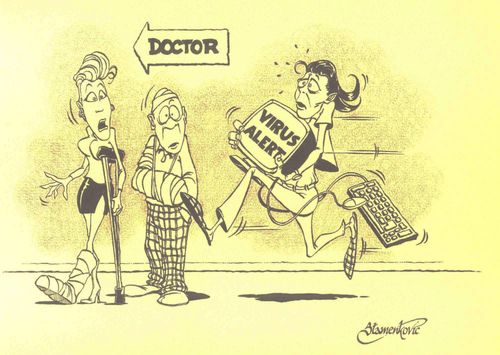 Woman rushing her computer to the doctor.