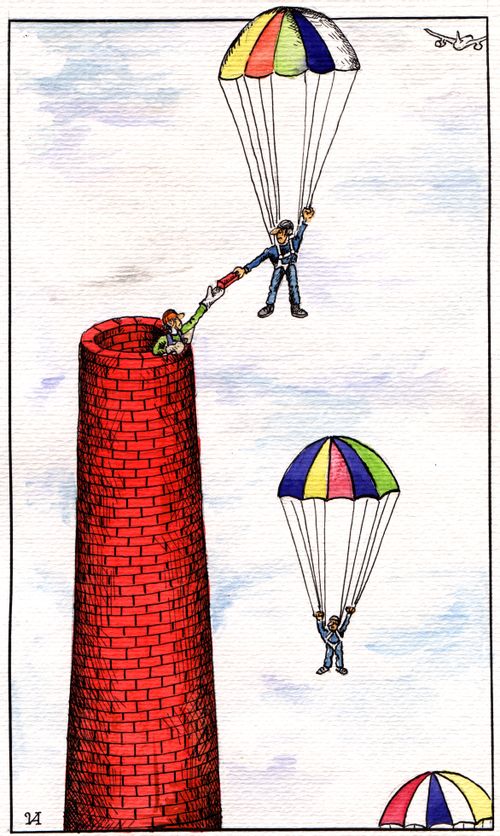 Man Climbing Out of Long Chimney to Hold the Hand of Parachutist