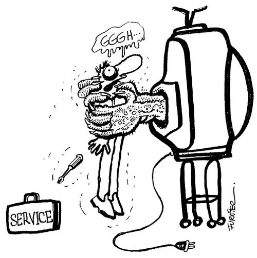 TV repair man being attacked by TV