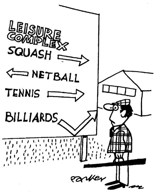 'Leisure complex' sign with bouncy arrow for 'Billiards'