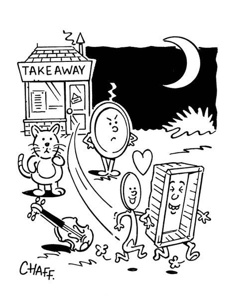 Dish and spoon run away from a takeaway.