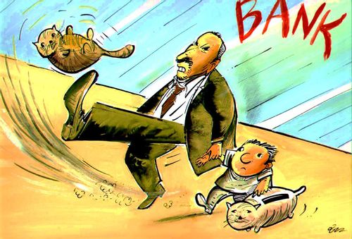 Father and son emerging from a bank, father is kicking a cat while son clutches a cat savings bank