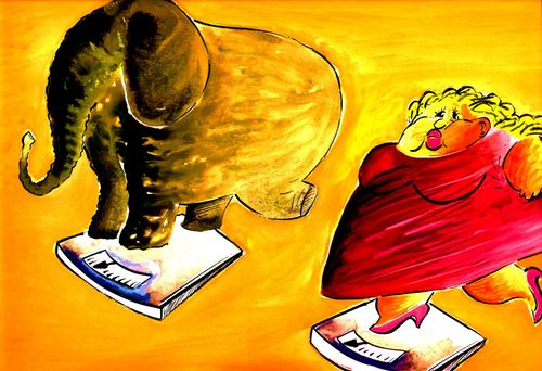 Elephant and large lady both balancing on the scales.  They weigh the same.