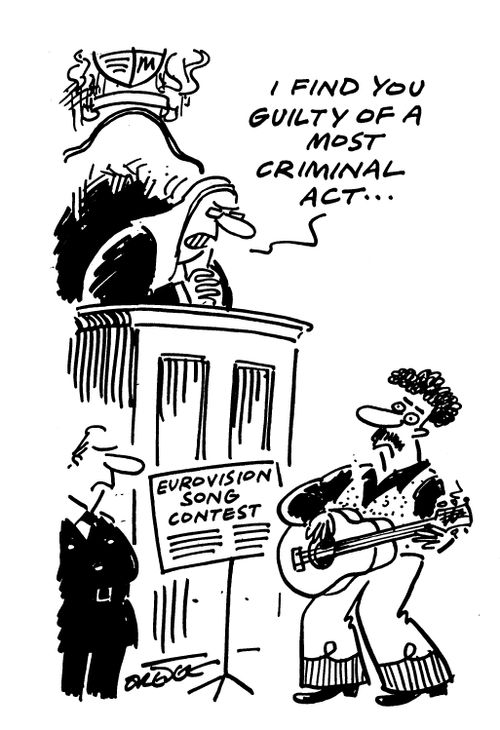 'I find you guilty of a most criminal act...' says a judge to a musician playing songs from Eurovision.