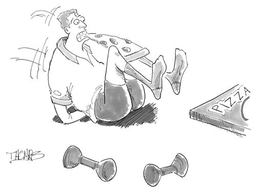 Man eating and exercising at the same time.