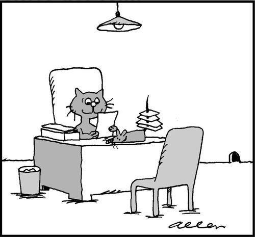 Cat at desk, using mouse tail as a spike for filing papers