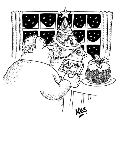 Large man uses 'Fat Nav' to lead him to large Christmas pudding.