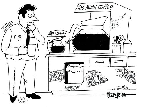 A man is in a canteen, there are two coffee makers, one is Mr Coffee, the other Too Much Coffee