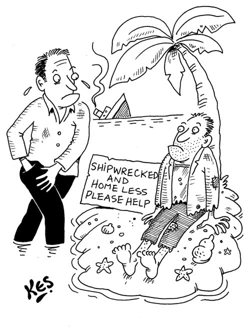A man shipwrecked on a desert island, is begging.