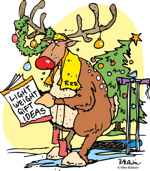 Rudolph the red nosed reindeer reading 'lightweight gift ideas' magazine