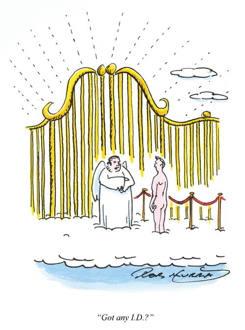 'Got any I.D.?' (A nude man tries to gain entry at the gates of heaven)
