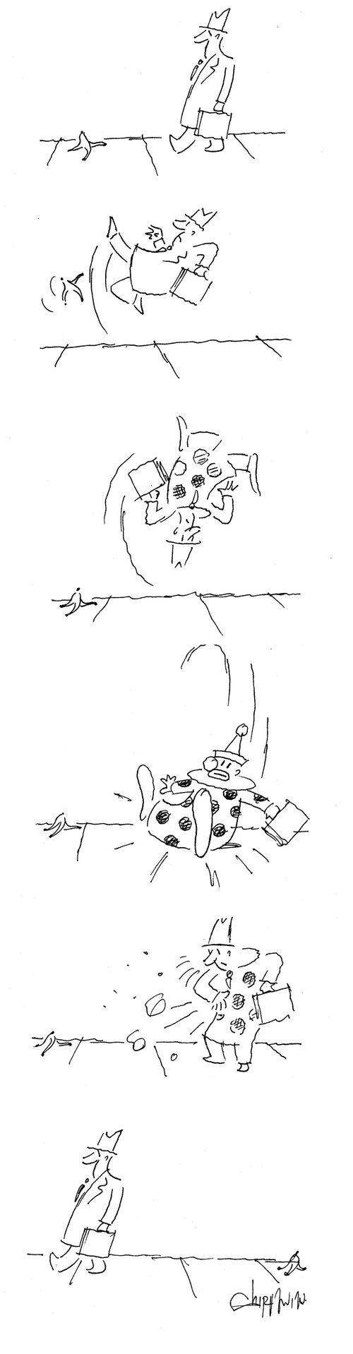 Man slipping on a banana skin and turning into a clown.