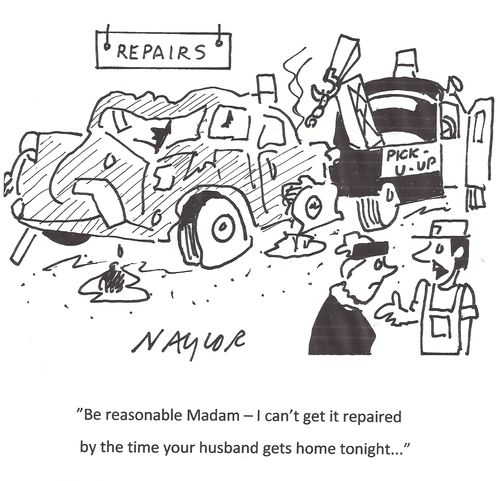 'Be reasonable Madam - I can't get it repaired by the time your husband gets home tonight...'