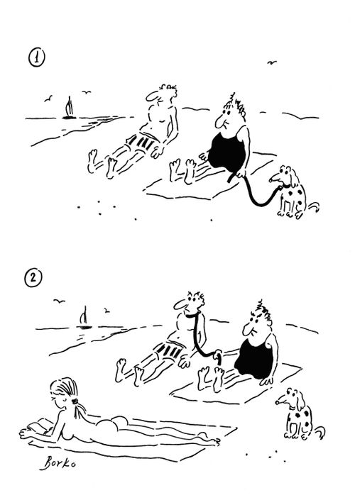 Woman on the beach puts the dog's collar around her man's neck.