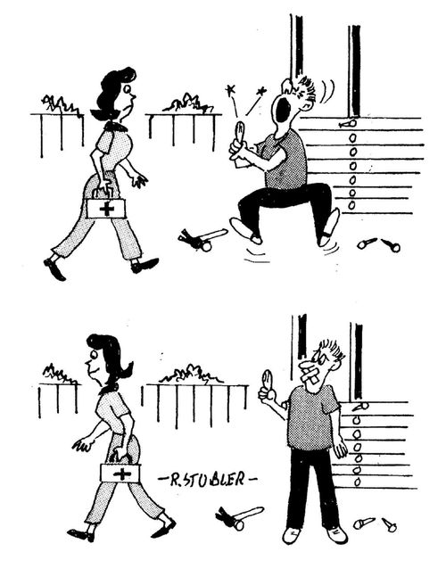 Man who hits finger and screams for help has his mouth bound up instead of his finger by unsympathetic wife.