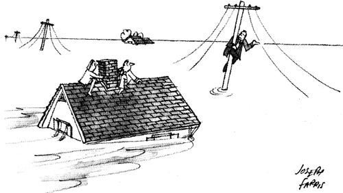 Man wanting to hitch a lift atop a floating house in a flood.
