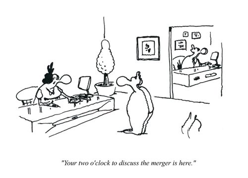 'Your two o'clock to discuss teh merger is here.'