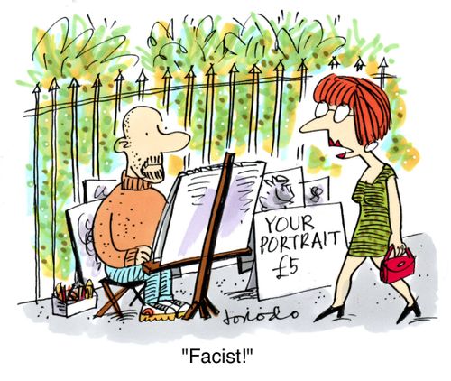 Female passerby condemns portrait artist as a facist.