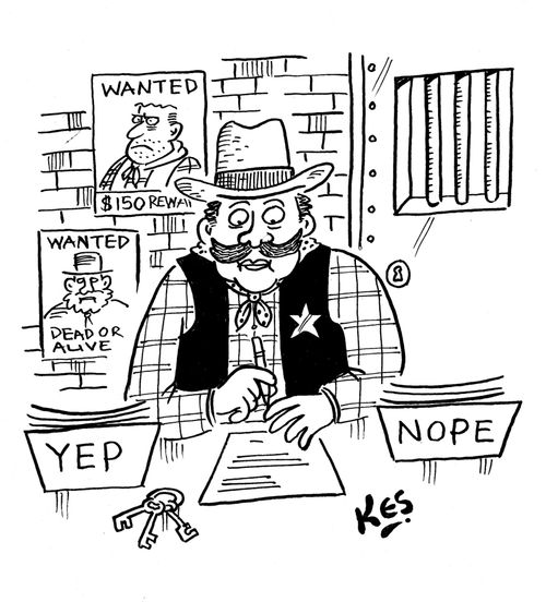 Cowboy at desk near workboxes: Yep/ Nope.