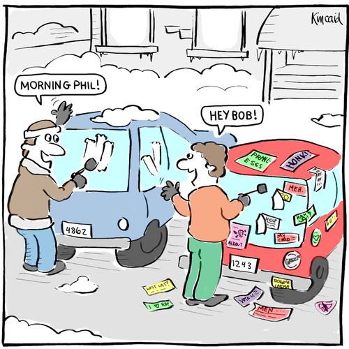 Man scraping the snow off his car greets neighbour who is scrapping off advertisements.