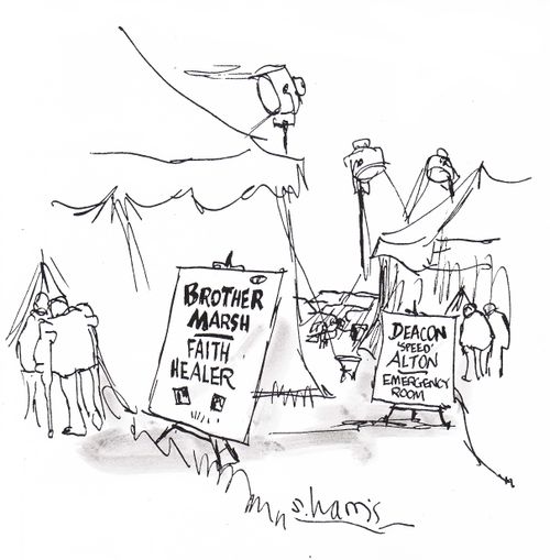 Advertisements for 'Brother Marsh- faith healer and  Deacon 'Speed' Alton- emergency room'.
