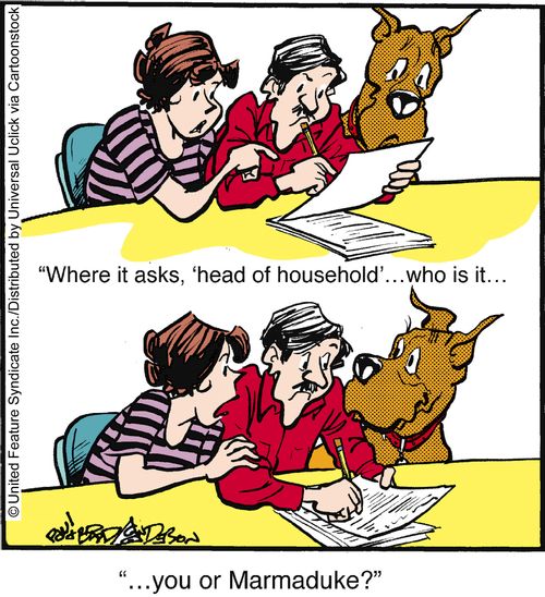 'Where it asks, 'head of household'. . . who is it. . . you or Marmaduke?'