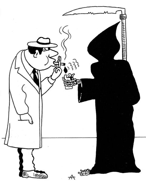 Grim Reaper helpfully offers a smoker a light.