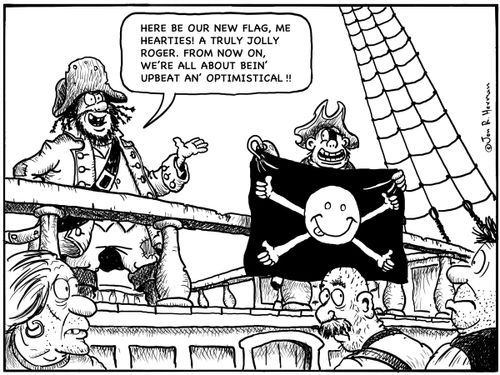 'Here be our new flag, me hearties! A truly Jolly Roger, from now on, we're all about bein' upbeat an' optimistical!!'