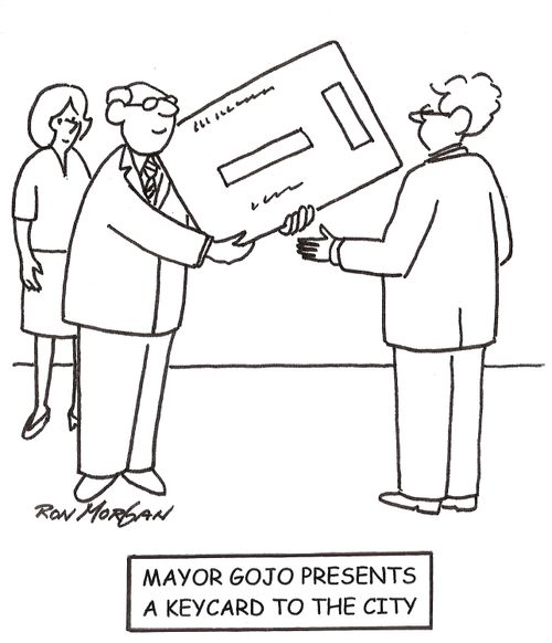Mayor Gojo presents a keycard to the city to celebrity.