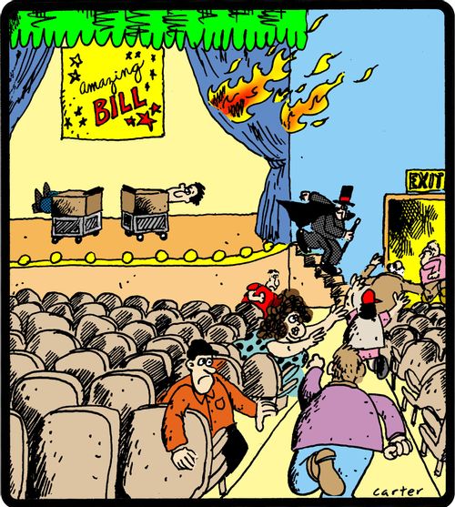 Fire starts at magic show while audience participant is left behind.