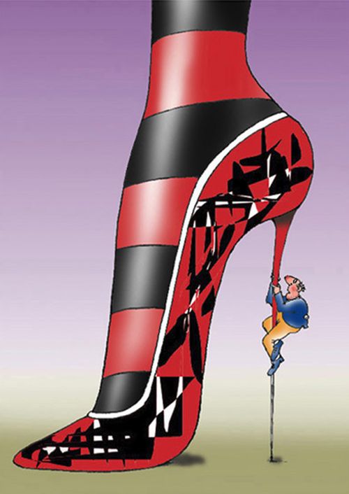 Man climbing up a stiletto heel.