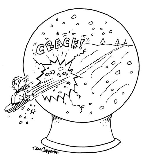 Sled breaks through snow globe.