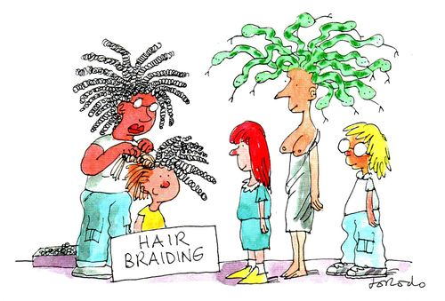 Medusa waiting in line for hair braiding.