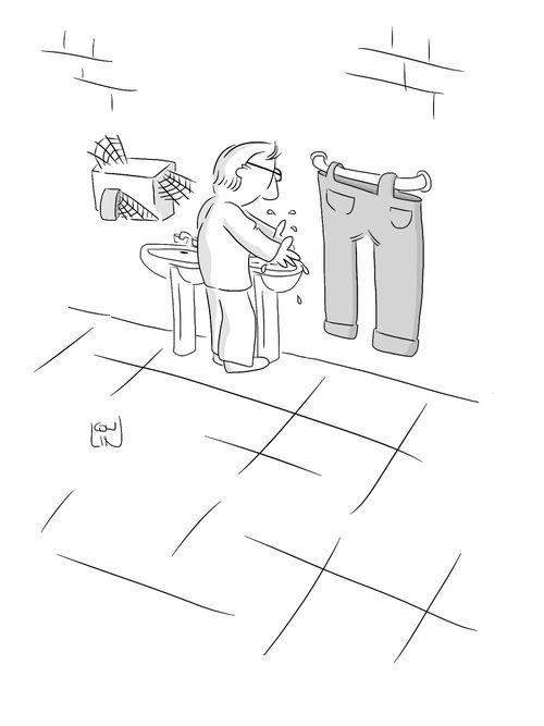 Drying your hands on trousers.