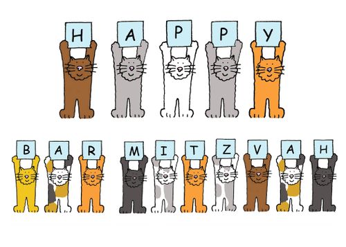 Cats holding up Happy Bar Mitzvah sign.