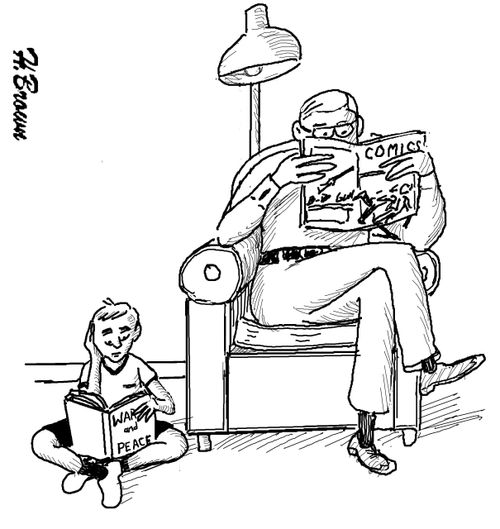 Little boy reading a classic whilst his Dad reads a comic.