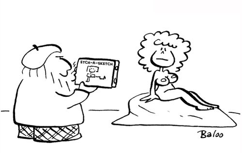 Artist paints nude model with Etch-a-Sketch.