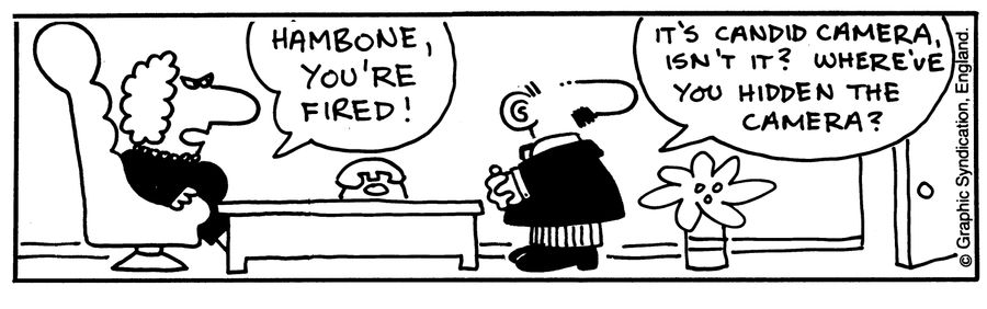 'Hambone, you're fired!' 'It's candid camera isn't it? Where've you hidden the camera?'