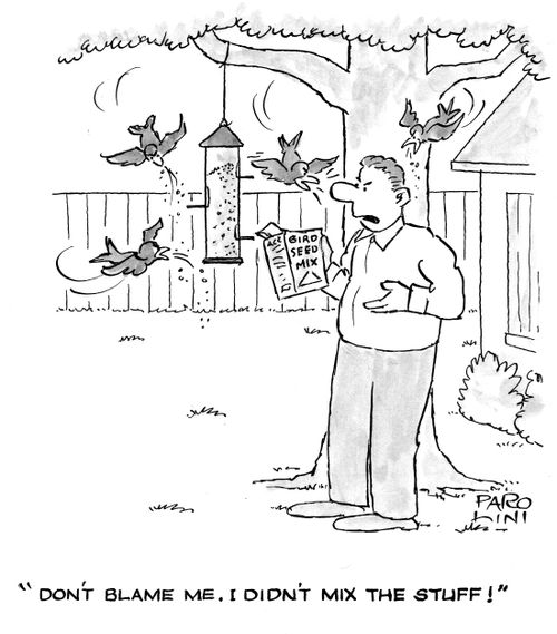 (Talking to birds) 'Don't blame me. I didn't mix the stuff!'