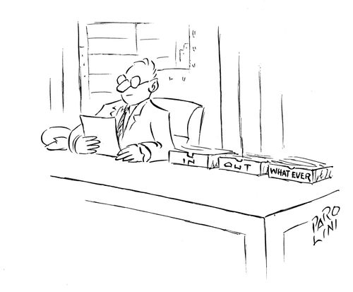 Desk boxes: 'In', 'Out', and 'What ever'.