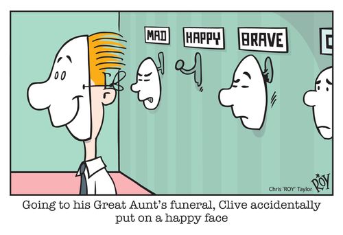 Going to his great Aunt's funeral, Clive accidentally put on a happy face.