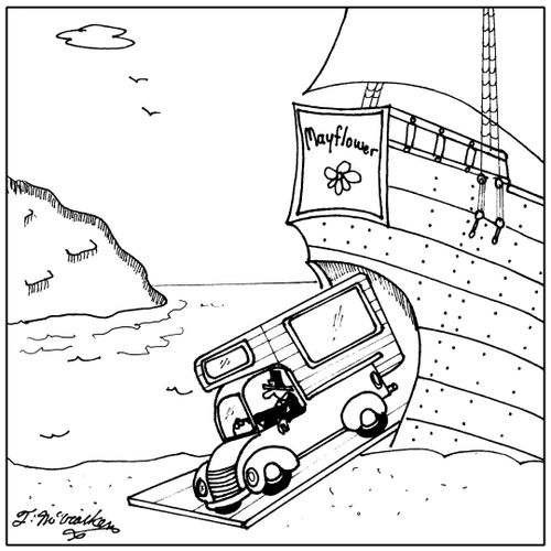 A pilgrim driving a camper leaving the Mayflower ship.