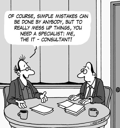 'Of course, simple mistakes can be done by anybody, but to really mess up things, you need a specialist: me, the IT consultant!'