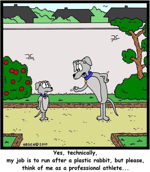 'Yes, technically, my job is to run after a plastic rabbit, but please, think of me as a professional athlete...'