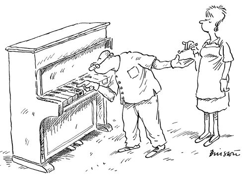 Piano tuner with an assistant.