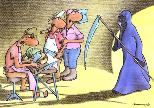 Grim reaper gets his scythe sharpened.