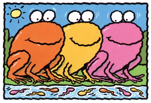 Three frogs watching their tadpoles (colour).