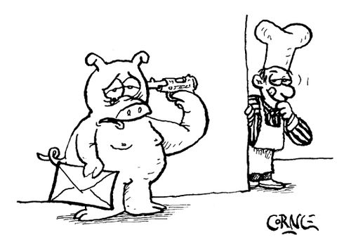 Pig Committing Suicide with Chef Standing around Corner