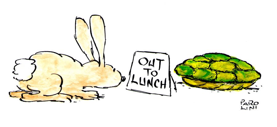 Sign outside tortoise shell: 'Out to lunch'.