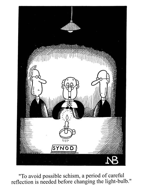 'To avoid possible schism, a period of careful reflection is needed before changing the light-bulb.'